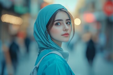 Wall Mural - Young woman in a blue headscarf strolls through a busy market in the evening light