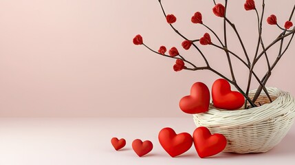 Poster - A soft pink background adorned with elegant red heart decorations on twigs and scattered below.