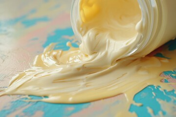 Aufkleber - Creamy substance spills from jar onto colorful surface in bright light during daytime