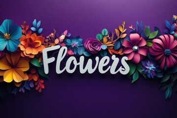 Aufkleber - Colorful paper flowers create a vibrant display with the word Flowers highlighted against a purple background