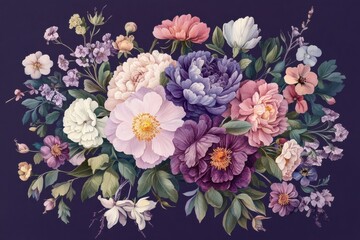 Aufkleber - Beautiful arrangement of colorful flowers in a detailed botanical display on a dark background