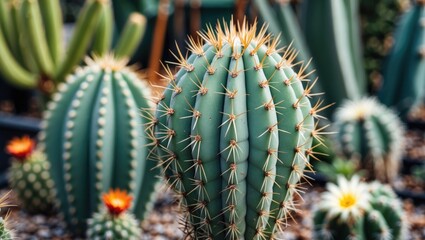 Poster - close-up view of spiky cactus with vibrant flowers in a lush garden setting showcasing unique textur