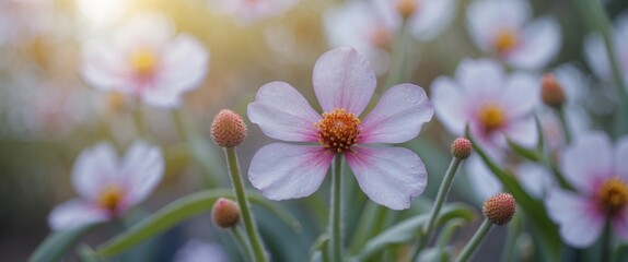 Wall Mural - Delicate Flower Blossom with Soft Pink Petals and Buds Against a Blurred Background Ideal for Nature-Themed Designs and Text Insertion