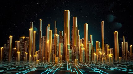 Poster - Abstract digital financial data with glowing lines showing business growth and analysis on a dark background.