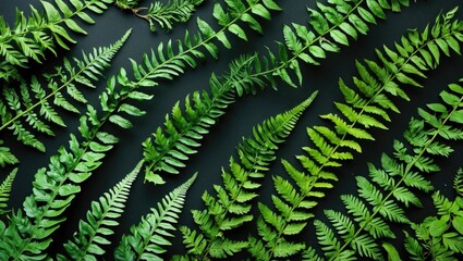 Poster - close-up of lush green ferns arranged artistically on a dark background with ample negative space fo