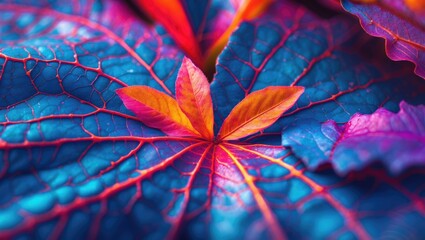 Poster - Vibrant Close Up of Colorful Leaf Textures Showcasing Intricate Veins and Unique Patterns in Nature's Palette