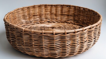 Sticker - Round wicker basket with intricate weaving on white background, perfect for storage and decor, featuring ample empty space for text display.