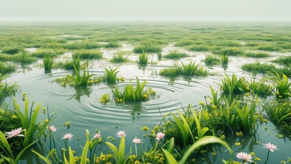 Poster - flooded meadow in spring showcasing lush green plants and flowers with ripples on water surface idea