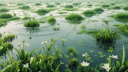 Poster - Tranquil flooded meadow in spring featuring lush green plants and flowers, creating unique textures with rippling water for design inspiration.