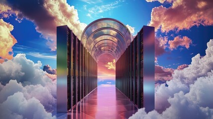 Poster - Cloud computing security visualization with a digital firewall shield protecting servers.