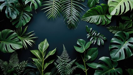 Poster - Tropical Leaf Composition Featuring Monstera Palms Ferns and Dark Background for Nature Inspired Designs and Copy Space