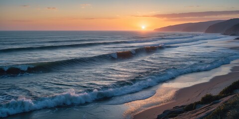 Poster - Serene Coastal Landscape at Sunset with Gentle Waves and Clear Sky Ideal for Text Overlay and Nature Themes