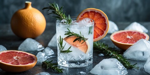 Wall Mural - Refreshing Gin and Tonic Cocktail with Ice Grapefruit and Rosemary in a Chilled Glass Surrounded by Ice and Citrus Slices