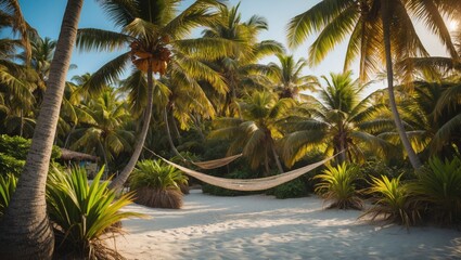 Poster - tropical beach oasis with coconut palm trees and relaxing hammock in sunny paradise setting