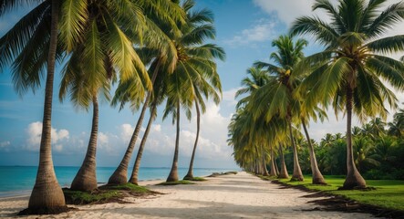 Canvas Print - Coconut Palm Trees Lining a Serene Beach Pathway with Clear Blue Skies and Tranquil Ocean Waves in the Background