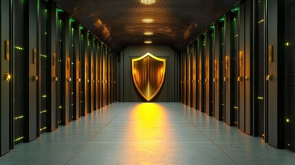 Poster - Digital security concept with a futuristic server and a glowing shield protecting sensitive data.