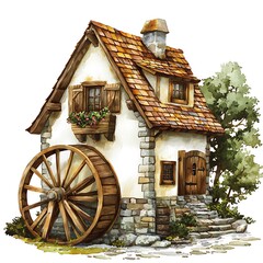 Wall Mural - Charming Watercolor Illustration of a Fairytale Water Mill House.