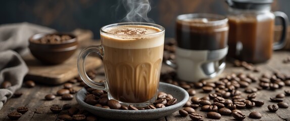 Wall Mural - Warm Vintage Coffee with Steaming Cup Surrounded by Coffee Beans and Empty Space for Text