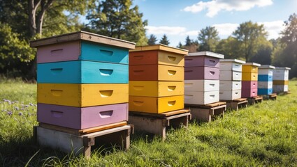 Poster - Vibrant Colored Beehives in a Lush Green Field Under Clear Blue Skies on a Bright Sunny Day