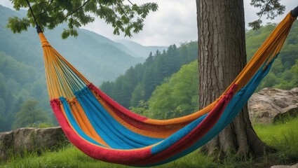 Poster - vibrant colored hammock nestled under a tree with lush green landscape and misty mountains ideal for