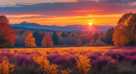 Poster - Breathtaking Autumn Landscape with Vibrant Sunset Over Fields and Mountains