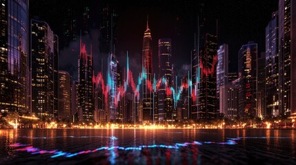 Poster - High-resolution digital stock market chart with glowing blue and red trend lines.