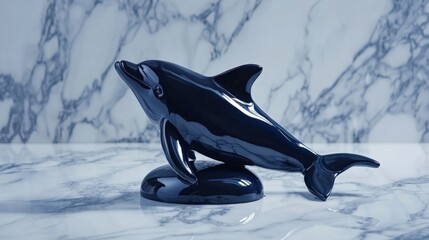 Poster - glossy black dolphin sculpture on marble surface with elegant background showcasing smooth textures