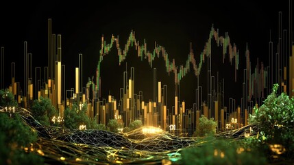 Poster - Modern digital chart with glowing lines and financial data visualization in a futuristic style, dark setting.