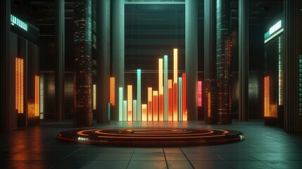 Poster - Modern digital chart with glowing lines and financial data visualization in a futuristic style, dark setting.