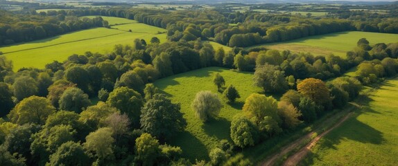 Wall Mural - Aerial View of Lush Green Forest Surrounded by Countryside Fields in Daylight