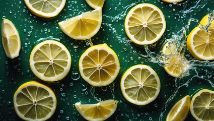 Poster - Fresh Lemon Slices with Water Splashing on Vibrant Green Background Stylish Food Presentation and Refreshing Beverage Concept