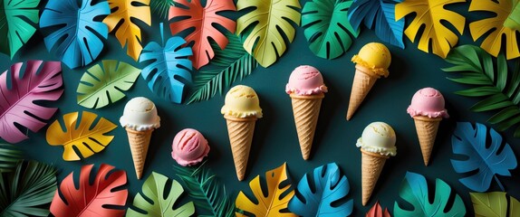 Poster - Vibrant Tropical Arrangement Featuring Colorful Paper Leaves and Miniature Ice Cream Cones for a Playful Creative Concept