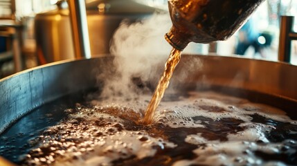 Poster - brewer stirring a vat of wort, with steam rising as hops are added for a rich, flavorful beer.