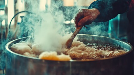 Poster - brewer stirring a vat of wort, with steam rising as hops are added for a rich, flavorful beer.