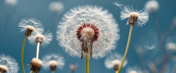 Poster - Dandelion seed heads on a sunny day showcasing delicate textures and vibrant colors against a serene blue background for nature photography.