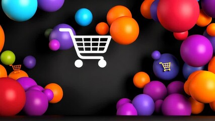 Poster - colorful background with a black frame and two shopping carts. the shopping carts are orange and pur