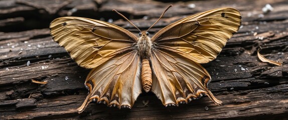 Poster - dried butterfly wing resting on textured wooden surface showcasing intricate details and natural dec