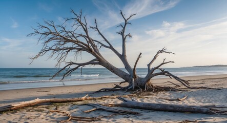 Poster - bleached dead tree standing on sandy beach with calm ocean waves in background and clear blue sky