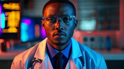 Poster - Man wearing a white lab coat and glasses is looking at the camera. The image has a moody and mysterious feel to it, as if the man is hiding something or is about to reveal a secret