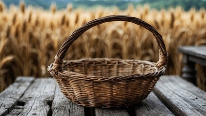 Canvas Print - Woven Basket on Rustic Wooden Table with Blurred Wheat Field Background in Warm Lighting