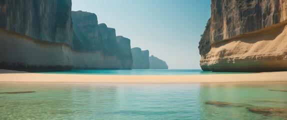 Poster - serene beach view surrounded by majestic cliffs perfect for tranquil getaways and uncrowded travel e