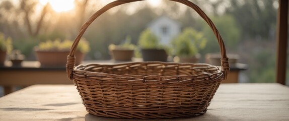 Sticker - Empty Wicker Basket on Table in Soft Morning Light with Fresh Green Background and Natural Decor Elements