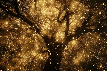 Wall Mural - Enchanting Golden Tree with Sparkling Lights in Dark Background