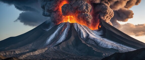 Poster - Volcanic Eruption with Smoke and Lava Flow Stunning Landscape and Space for Text or Graphics