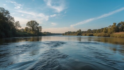 Canvas Print - Serene River Landscape Featuring Calm Waters Under a Clear Blue Sky During Afternoon Light