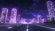 © Sahraya - Road to night city, empty highway and glowing skyline with futuristic urban architecture, megapolis infrastructure with modern skyscraper buildings, purple neon background, Cartoon vector illustration