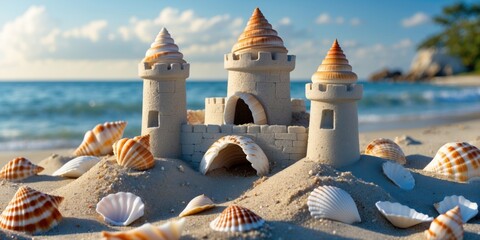 Poster - sandcastle with seashells on a beach at sunrise featuring a tranquil ocean background and space for 