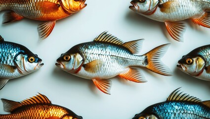 Poster - Colorful Fish Arrangement on White Background with Blank Space for Text Addition