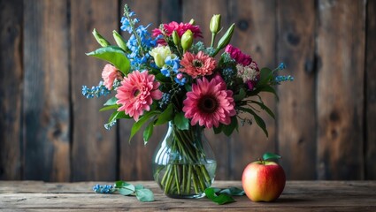 Poster - Vibrant Flower Bouquet in Glass Vase with Red Apple on Rustic Wooden Table and Background with Space for Text or Message