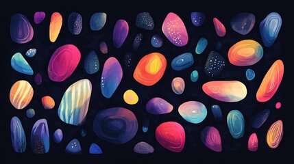 Poster - colorful, rounded shapes scattered randomly across a dark background, creating a vibrant, cosmic design.